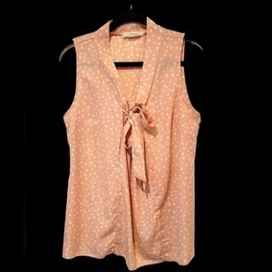 POEMA Women Sleeveless Top with Front Bowtie Pink Polka dots Small 100% Polyeste